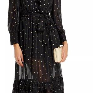 Aqua Black Sheer Long-Sleeve Midi Dress with Gold Dot Detail